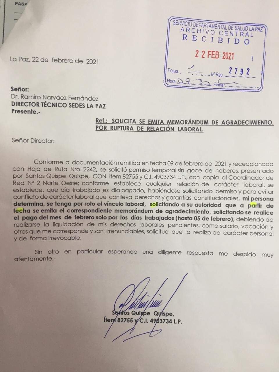 Santos Quispe admite que continúa siendo funcionario público