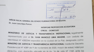Lima presenta las cuatro acusaciones de juicio de responsabilidades contra Añez y exministros